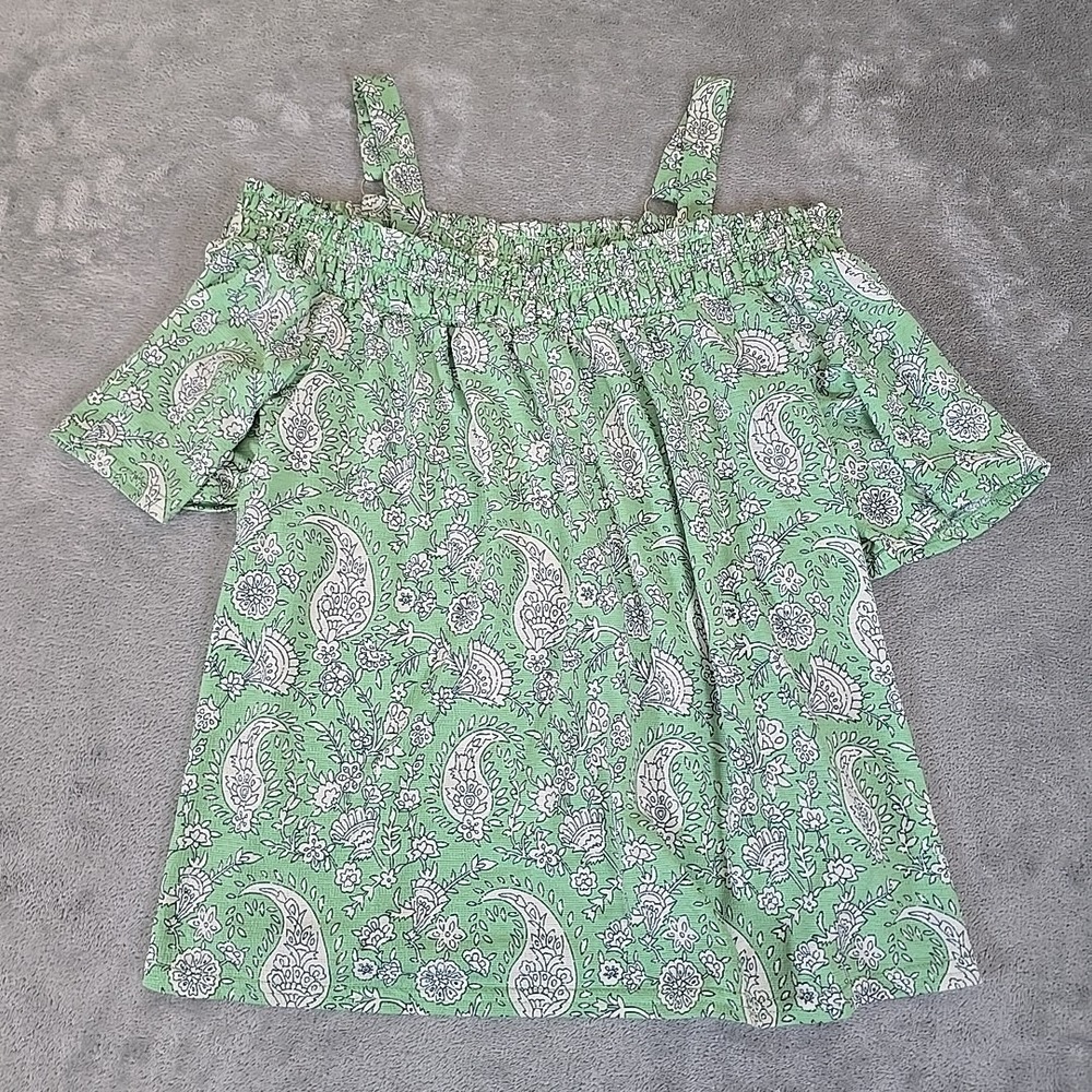Melloday Top Womens Meduim Green‎ Paisley Off Shoulder Strapped Casual Boho Chic